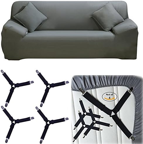 DIFEN 4 PCS Adjustable Triangle Elastic Suspenders Gripper Holder Straps Clip for Bed Sheets,Mattress Covers, Sofa Cushion (4 Slipcover Fasteners, Black)