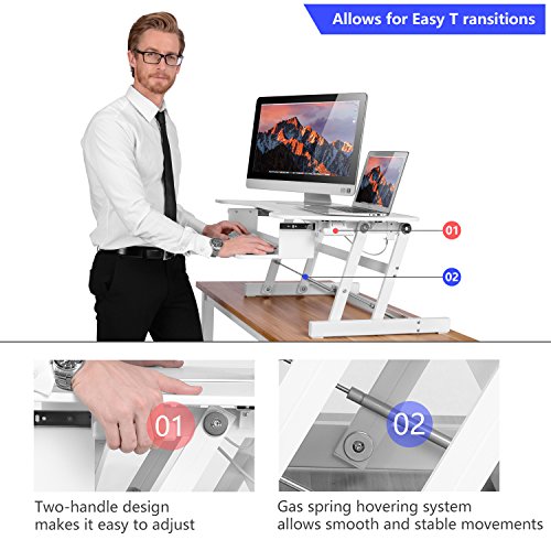 Smonet Standing Desk Converter , Height Adjustable Sit Stand Desk Riser , 32" Computer Workstation Stand Up Desktop with Retractable Keyboard Tray ( Dual Monitor White ) - Thumbnail 3