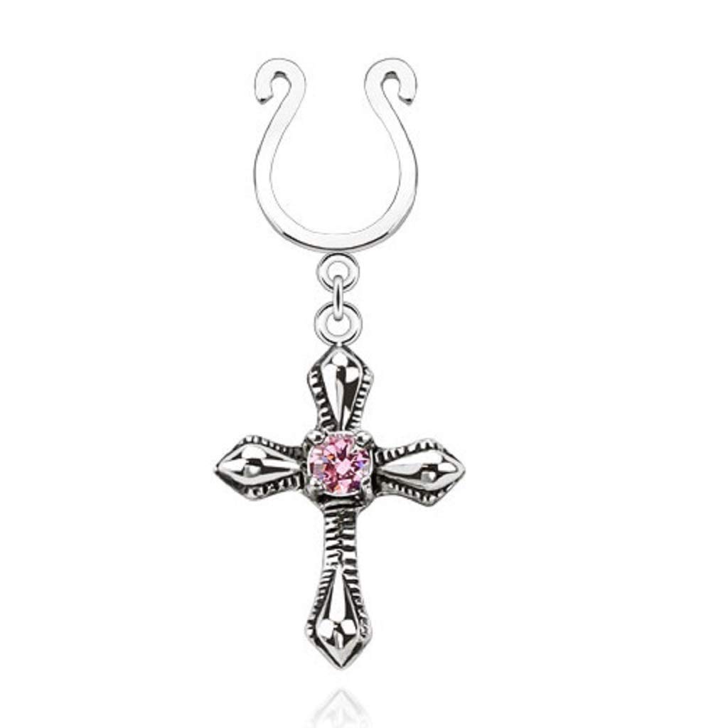 PiercedOff 316L Surgical Steel Non-Piercing (Clip On) Nipple Shields with Cross Dangle and Pink CZ Gem