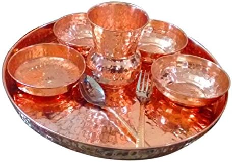 Indian Dinnerware Pure Copper Traditional Dinner Set of Thali Plate, Bowls, Glass and Spoon, Diameter 12 Inch - Gifts Idea by Panchal Creation