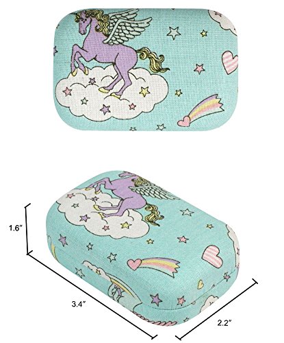 JE Unicorn and Rainbow Pattern Blue Fabric Wrapped Contact Lens Case Travel Kit with Mirror, Tweezer, Solution Bottle