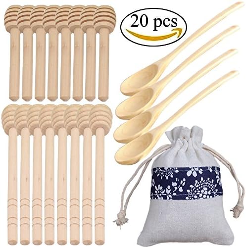 20 Pack Mini Wood Honey Dipper Sticks and Honey spoon , QICAMNG 3 Inch and 6 Inch Individually Wrapped, Server for Honey Jar Dispense , Wedding Party Favors