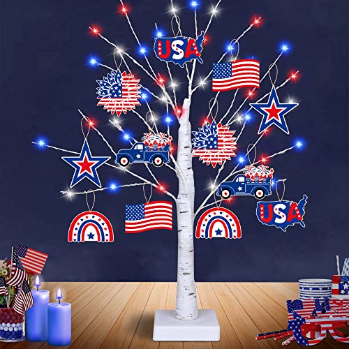 4th of July Decorations, 24” Fourth of July Decoration Tree Light with 12 Patriotic Wooden Signs, [TIMER, USB/Battery Operated] Red White Blue Light for home July 4th Decor Flag Day Independence Decor