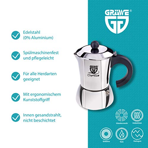 GRÄWE Espressokocher Induktion geeignet, Espressokanne aus Edelstahl für 4 Tassen, Klassischer Espresso Maker ohne… – Bild 3