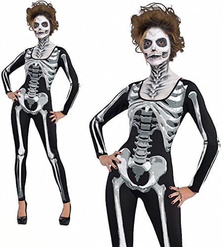 NEW Women New Skeleton Skull Print Long Sleeves Bodycon Halloween Costume Adult Fancy Party Catsuit Jumpsuit Costume X039 black S