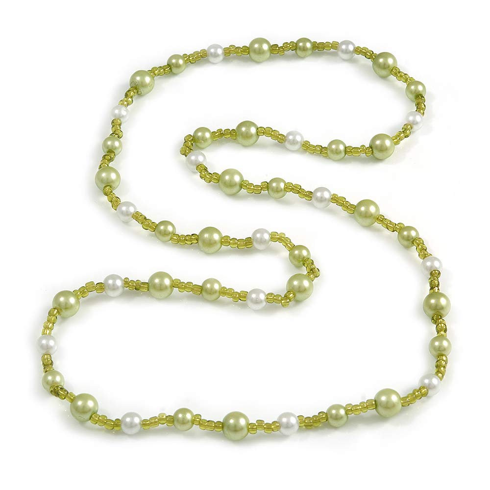 Avalaya Light Green/White Glass Bead Long Necklace - 84cm Long