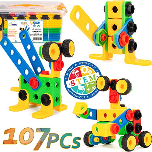 cossy 107 Pieces Construction Engineering Building Blocks Set, Manipulative Toy for Boys & Girls, Come with a Sturdy Storage Container, Best STEM Toy Gift for Kids Ages 3 yr - 6 yr - Thumbnail 7