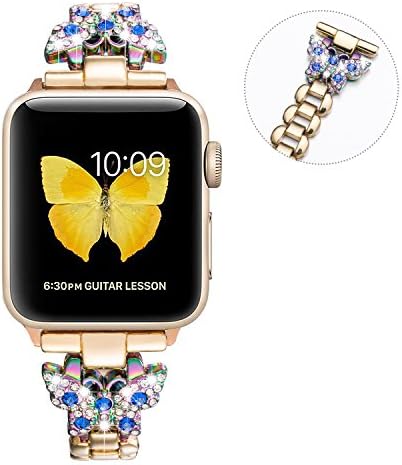 HSY LLC Silver Bands for Apple Watch , Stainless Steel Metal Replacement Bracelet Classic Band for Apple Watch 42 MM Strap Series 3/2/1 nike+ hermes (Gold, Color Butterfly 42mm and Dark blue Diamond)