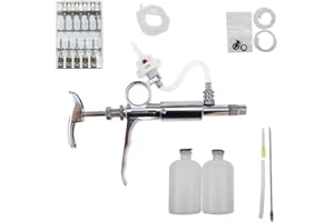 FELEOLIBE 5ML Livestock Syringe Injection,Adjustable Continuous Injection Gun Semi-Automatic Syringe with 10 Needles for Horses, Cattle, Pigs, Sheep