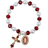 ChungLong0593 Stretchy Virgin Mary Bracelet with Cross Charm - Multi-Color Pearl Crystal Beaded Catholic Religious Jewelry for Women, Christian Gift for Baptism Confirmation First Communion