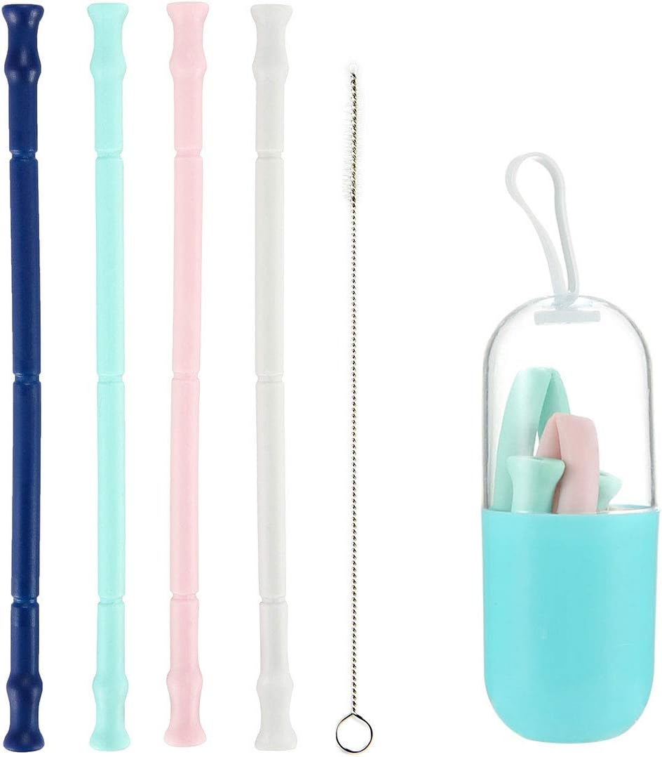 Silicone Straw Reusable Silicone Drinking Straws, Flexible Straws Long Foldable Durable Drinking Tube for 20 oz Tumblers RTIC/Yeti -BPA Free (4 PCS+ 1 Cleaning Brush + 1 Portable Carrying Case)
