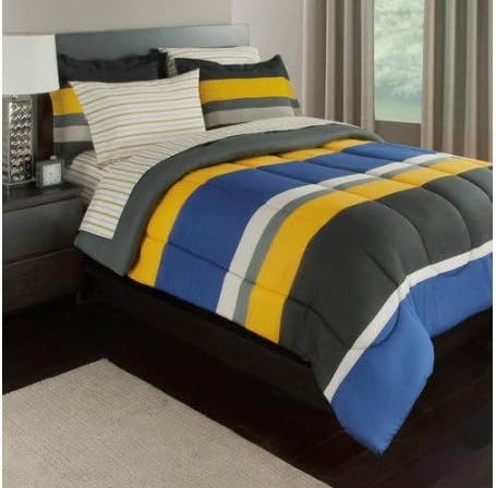 Gray, Yellow &amp; Blue Stripes Boys Teen Full Comforter Set (7 Piece Bed In A Bag) + HOMEMADE WAX MELT