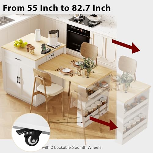 Merax 82.7" Kitchen Island with Extendable Dining Table for 4-6, with Storage, Charging Station, 2 Drawers & 2 Side Open Shelves for Dining Room House Bar, White Oak