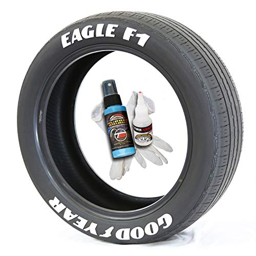 Tire Stickers Goodyear Eagle F1 - DIY Permanent Rubber Tire Lettering Kit with Glue & 2oz Touch-Up Cleaner / 19-21 Inch Wheels / 1.50 Inches/White 8 Pack