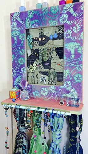 Jewelry hanging display shelf /wall scarf hanger bracelet holder /recycled pallet wood earring holder 4 scarf hooks, 9 teal necklace hooks
