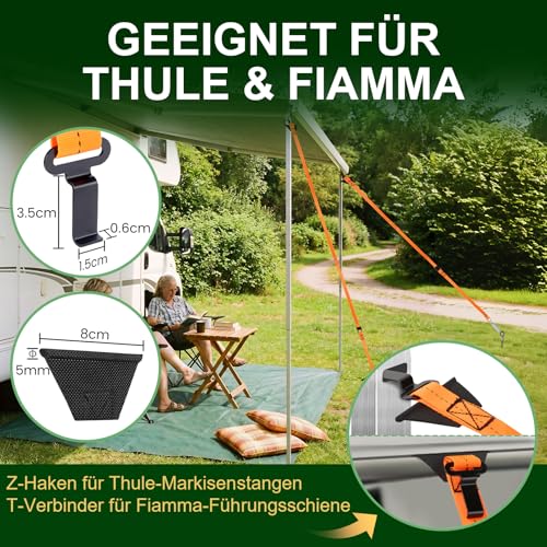 SCHINTILLO Storm Band Awning Set for Thule & Fiamma, Storm Protection for Awning Awning, Stabilisation Kit for Camping and Motorhome with 39 cm Thick Ground Anchor