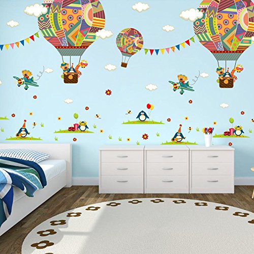 ElecMotive Penguins Clouds Bear Giraffe on Colorful Balloons Decorative Peel & Stick Wall Art Sticker Decals Kids Boys Nursery Wall Art Room Decor (Colorful Balloons)