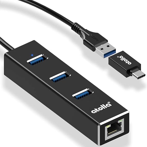 atolla USB 3.0 Hub mit RJ45 Gigabit Ethernet LAN Netzwerkadapter, Aluminium 3 Port USB Verteiler 1Port 10/100/1000 Ethernet A