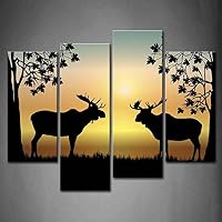 Yaoni 4 Panel Wall Art Moose at Sunrise Illustration of Two Moose in Forest at Sunrise Painting The Picture Print On Canvas Animal Pictures for Home Decor Decoration Gift Piece