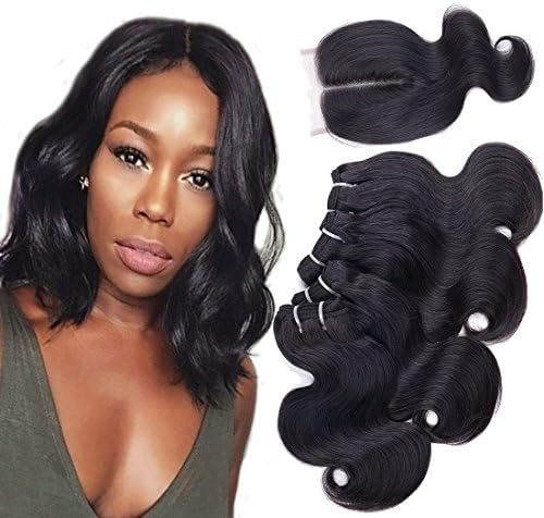 Brazilian Body Wave With Closure 8A Grade 100% Unprocessed Virgin Human Hair 4 Bundles of Brazilian Hair Bundles With Middle Part Lace Closure Short Hair Bundles With Closure (10 10 10 10+10 closure)