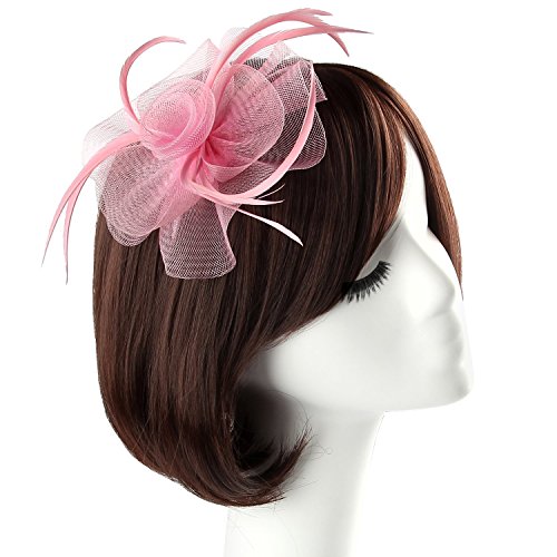 Acecharming Fascinators for Women, Feather Sinamay Fascinators with Headbands Tea Party Pillbox Hat Flower Derby Hats(Pink) - Thumbnail 4