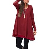 Poetsky Women's Long Sleeve Solid Color Tunic Tops Layered Casual Loose Blouse Shirts