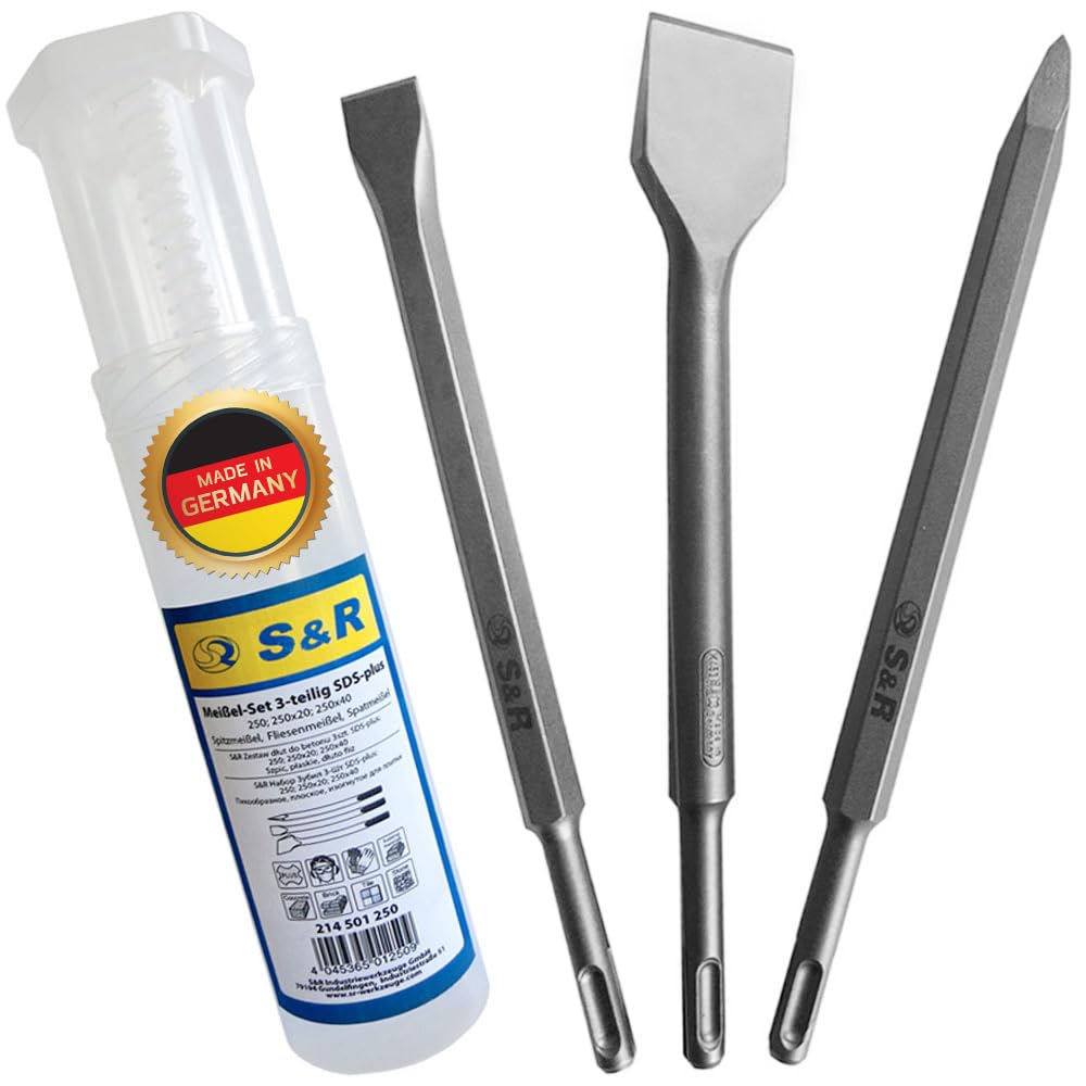 S&R Chisel Set 3-Piece -Made in Germany - SDS Plus: Spade Chisel, Tile Chisel, Point Chisel; Industrial Quality