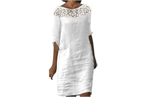 JURANMO Cotton Linen Dresses for Women Summer 3/4 Sleeve Midi Dresses V Neck Tshirt Dress Knee Length Shift Dresses