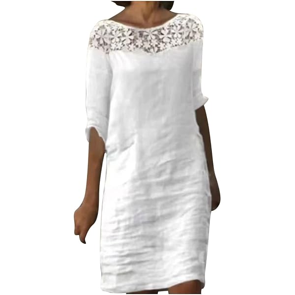 Womens Casual Cotton Linen Midi Dresses Crewneck White Dress Plain Lace  Half Sleeve Loose Flowy Shift Dress at Amazon Women's Clothing store