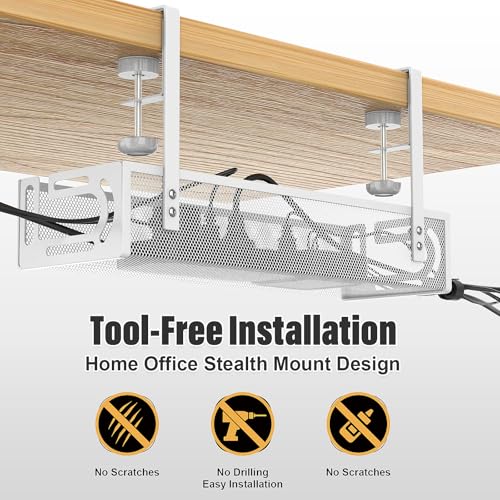 Under Desk Cable Management Tray No Drill, Metal Mesh Cable Tray with Clamp for Desk Wire Management, Desk Cable Management Box and Cord Organizer for Office, Home (White)