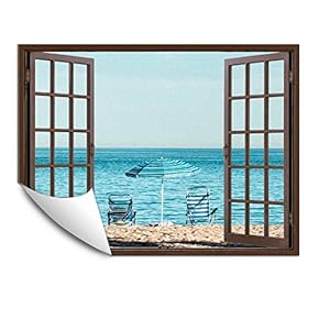 Wall Murals for Bedroom Fake Window Beach Brown Window Removable Wallpaper Peel and Stick Wall Stickers - 24x32 inches