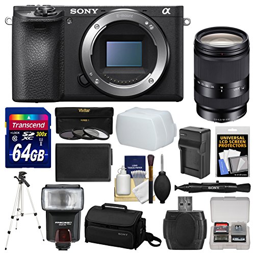 Sony Alpha A6500 4K Wi-Fi Digital Camera Body with 18-200mm Lens + 64GB Card + Case + Flash + Battery & Charger + Tripod + Filters + Kit