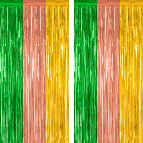 2 Pack Luau Decorations, 3.28 FT x 7.05 FT Summer Party Streamer, Green Brown Yellow Backdrop Tinsel Curtains Fringe Curtains, Metallic Hawaiian Supplies Aloha Party Decor