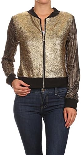 Bangbangusa Womens Zippered Metallic Gold Bomber Long Sleeves Jacket (M, Gold)