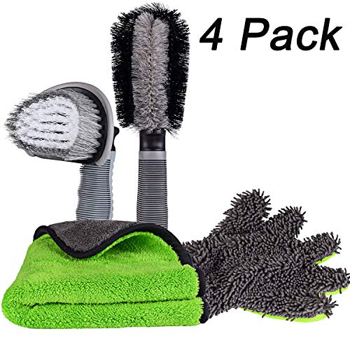 Carperipher Car Cleaning Kit, 4 Pack Car Washing Tools - with Soft Chenille Car Washing Sponges & Mitts, Wash Cloth Towel Auto Care Tools, Tire Cleaner Brush & Wheel Cleaner Brush Auto Detailing Tool