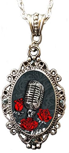Alkemie Microphone with Roses and Sparkles Cameo Pendant Necklace