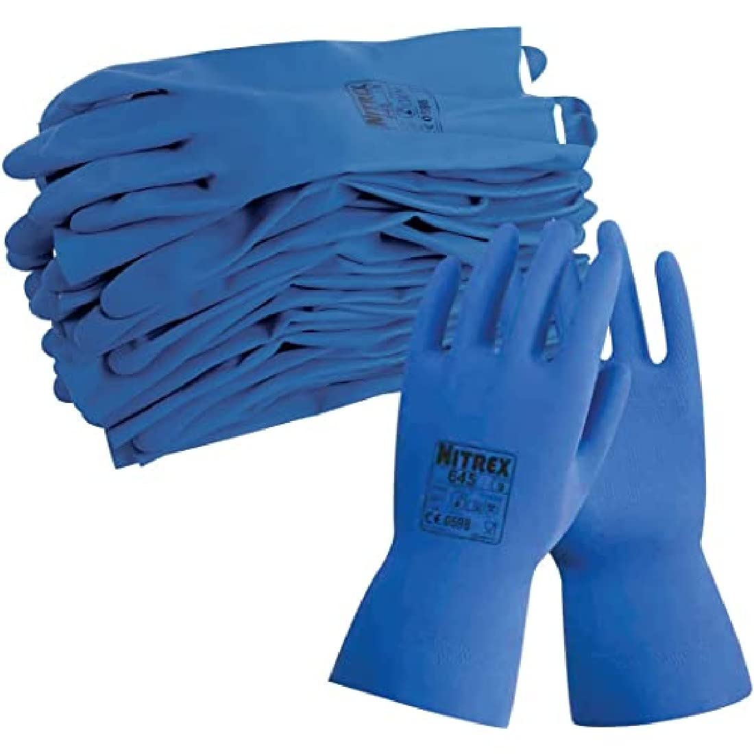Nitrex 645 Chemical Resistant Safety Gloves, Bag of 10 Pairs, Size 9 - Flock Lined Latex Chemical Resistant Gauntlet Gloves