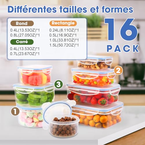 YASHE Food Box Set, 16 Pieces (8 Containers, 8 Lids), Airtight Reusable Plastic Food Boxes, BPA Free, 100% Leakproof