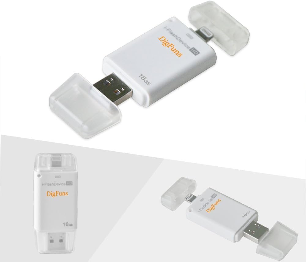 Digfuns™ DR1-B16 I-Flash Drive iPhone Card Reader with Dual USB Ports Compatible for iPhone 5/5S/iPhone 6/6S/Plus/iPad mini/iPad air/Mac/iPod - 16GB Space Memory Built-in