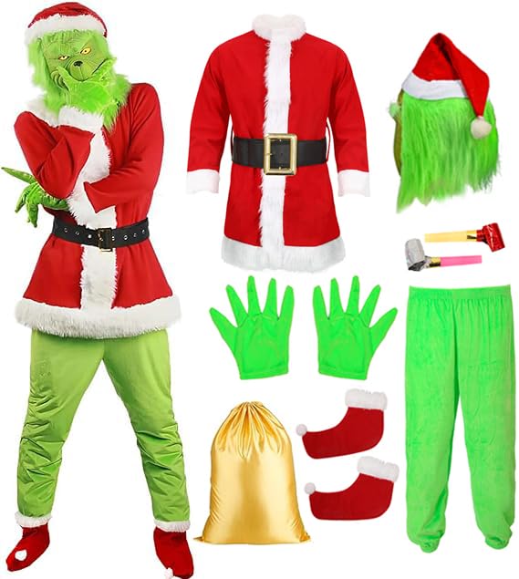 8PCS Adult Christmas Costume for Men Christmas Santa Claus Outfit with Christmas Mask Green Monster Furry Santa Suit Christmas Cosplay Costume Fancy Dress Outfit