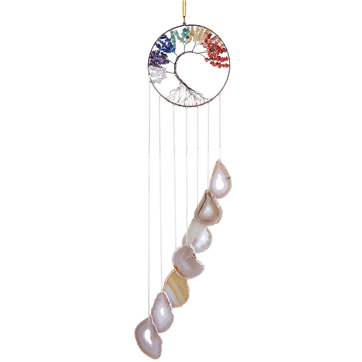 Nupuyai Tree of Life Agate Slices Wind Chimes, 7 Chakra Stone Healing Crystal Hanging Ornament Home Window Wall Art Decor Nature