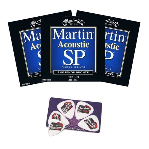 Martin MSP4200 SP Phosphor Bronze Acoustic Guitar Strings, Medium - 3 Pack with Picks