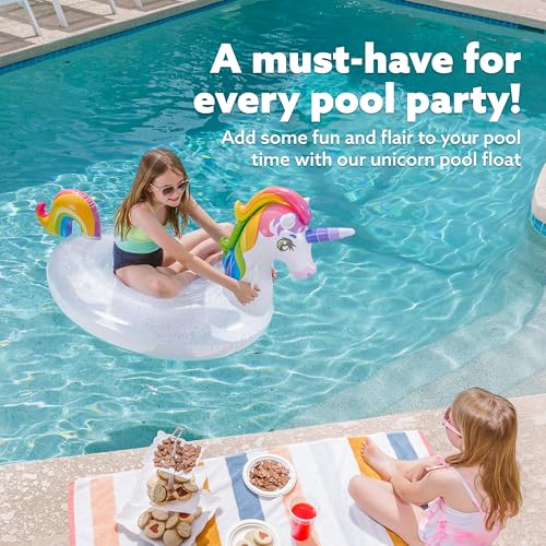 JOYIN Unicorn Pool Float Kids - Inflatable Rainbow Unicorn Floaty with Glitters Fun Pool Floats, Ride On Unicorn Beach Lake Floaties Raft Lounge, Party in Summer Decorations Pool Toys for Kids