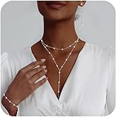 HERIER Lariat Gold Necklace for Women, Dainty Long Necklace 14k Gold Plated/Silver Y-Shaped Layered Beaded Chain Drop Necklaces for Women Trendy Simple Gold Jewelry for Women Gifts