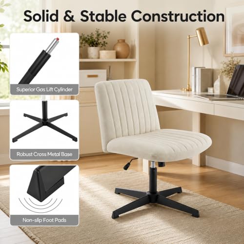 Cross Legged Armless Office Chair, Wide Seat Swivel Desk Chair with Adjustable Height, Rocking Function, Padded Beige Vanity Chair for Home Office, Bedroom, Study Room
