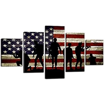 USA US American Flag Military Soldiers Army Wall Art Canvas Prints Thin Blue Red Line Home Decor Pictures for Living Room Bedroom 5 Panel Large Poster Painting Framed Ready to Hang (60