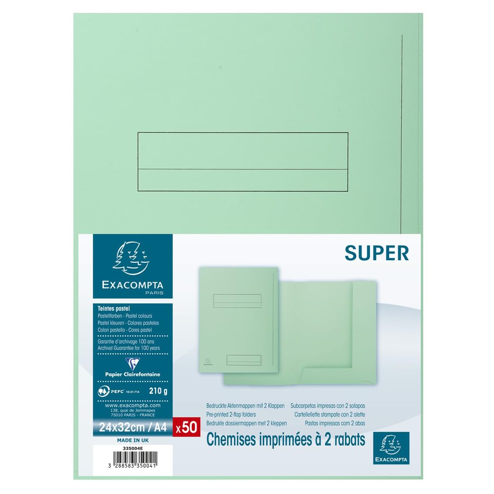 Exacompta - Ref 335004E - Super 210 Printed 2-Flap Folders - 240 x 320mm in Size, Suitable for Holding A4 Documents, 210gsm Card, Pre-Printed - Light Green (Pack of 50)