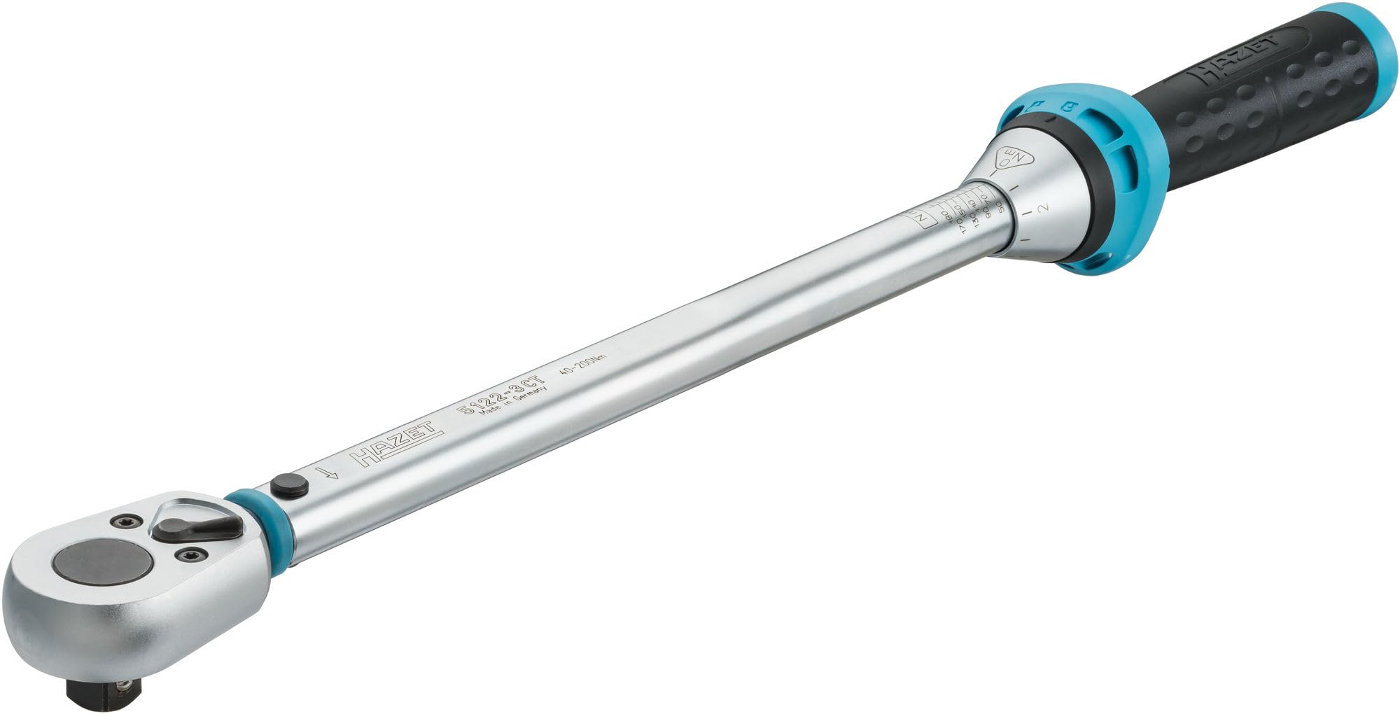 HAZET Torque Wrench 5122-3C,40-200Nm Output: Square 12.5 mm (1/2 inch), Tolerance: 3%, 32 Teeth (Operating Angle 11.25 Degrees) I Reversible Ratchet for car and Bicycle I 20.43 inches