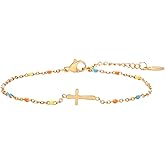 14K Gold Plated Adjustable Beaded Cross Bracelet for Women Religious Jewelry Gifts Stainless Steel Faith Charm Cuff Durable Elegant Design Stylish Confirmation Chain Accessory