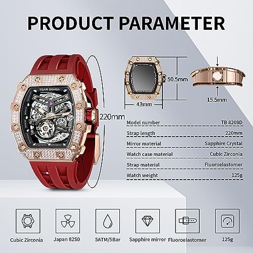 TSAR BOMBA Men's Automatic Watch Skeleton Watch Luxury Barrel Mechanical Watch 50m Waterproof Analog Watch